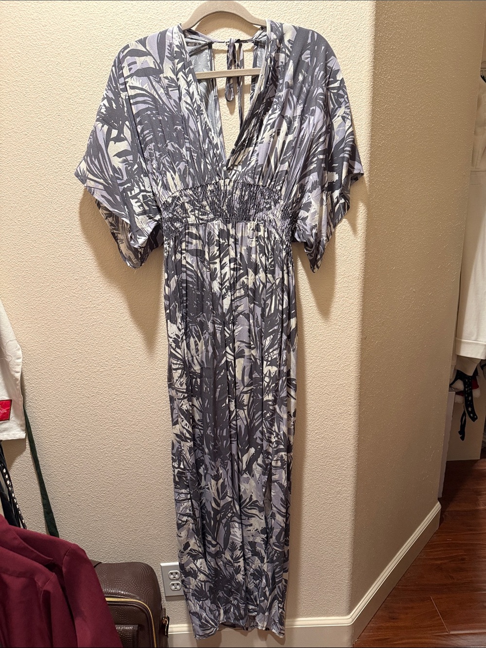 Lovestitch Gray and White Printed V-Neck Maxi Dress